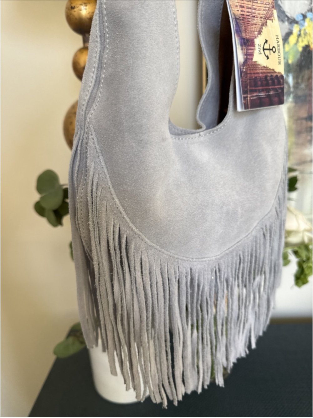 Harbour 2nd Genuine Suede Fringe Mini Hobo Bag Gray NWT - Picture 2 of 2